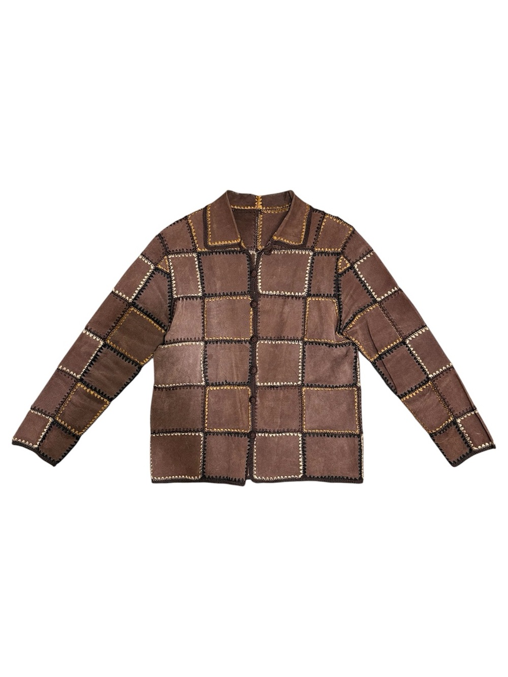 Vintage Genuine Suede Leather Patchwork Crochet Jacket Brown Boho Western
